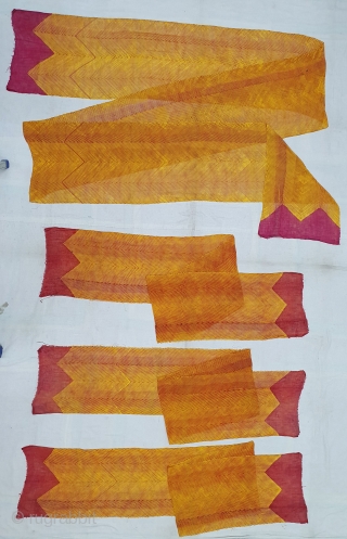 Rarest Turban (Safa) Family Collection of Four Pieces, Muslin Cloth tie-dyed in Yellow Turmeric colors in lahariya (wave) style, From Nagure District of Rajasthan. India. c.1900(20200722_135754).       