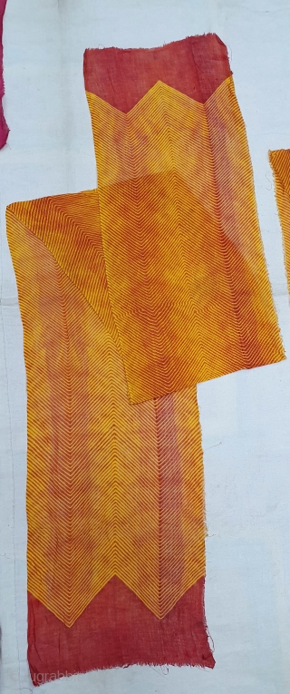 Rarest Turban (Safa) Family Collection of Four Pieces, Muslin Cloth tie-dyed in Yellow Turmeric colors in lahariya (wave) style, From Nagure District of Rajasthan. India. c.1900(20200722_135754).       