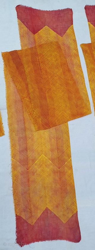 Rarest Turban (Safa) Family Collection of Four Pieces, Muslin Cloth tie-dyed in Yellow Turmeric colors in lahariya (wave) style, From Nagure District of Rajasthan. India. c.1900(20200722_135754).       