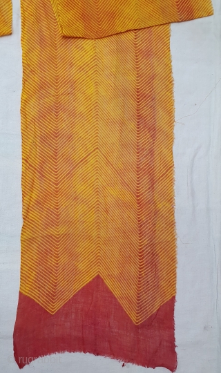 Rarest Turban (Safa) Family Collection of Four Pieces, Muslin Cloth tie-dyed in Yellow Turmeric colors in lahariya (wave) style, From Nagure District of Rajasthan. India. c.1900(20200722_135754).       