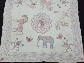 Very Rare Folk Kantha Fine Quilted and embroidered cotton Kantha Probably from Jessore Region of  East (Bangladesh) Bengal region of India, India.
C.1850 -1875
Its size is 81cmX81cm(20210801_181133).      