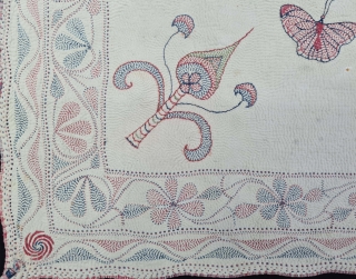 Very Rare Folk Kantha Fine Quilted and embroidered cotton Kantha Probably from Jessore Region of  East (Bangladesh) Bengal region of India, India.
C.1850 -1875
Its size is 81cmX81cm(20210801_181133).      