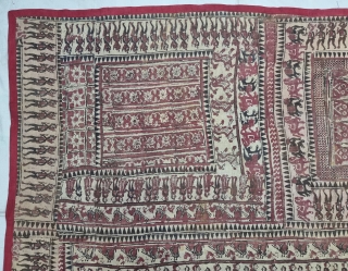 An Kalamkari And Block Print And Hand-Drawn, Mordant- And Resist-Dyed Khadi Cotton, From Gujarat Region of North-West India. India. Exported to the South-East-Asian Markets. 

c.1875-1900. 

Its size is 173cmX190cm(20220725_105706).    