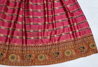 An very Rare Mochi Bharat Embroidery With Ikat Mashru Ghaghra Skirt , This Mashru weaving was done in the Mandvi Kutch Region Of Gujarat, North-West India,Its  Wave Design Silk And Cotton Ikat  ...