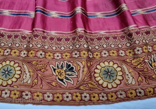 An very Rare Mochi Bharat Embroidery With Ikat Mashru Ghaghra Skirt , This Mashru weaving was done in the Mandvi Kutch Region Of Gujarat, North-West India,Its  Wave Design Silk And Cotton Ikat  ...