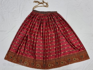 An very Rare Mochi Bharat Embroidery With Ikat Mashru Ghaghra Skirt , This Mashru weaving was done in the Mandvi Kutch Region Of Gujarat, North-West India,Its  Wave Design Silk And Cotton Ikat  ...