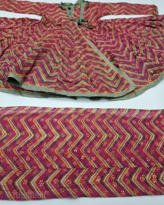 A Very Rare Real Gold Block Varak Print Leheriya Tie and Dye Wave Design Costume and Turban  For Shrinathji, From the Deccan Region of South India. India. Real Gold Varak Print  ...