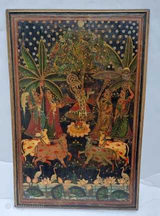 An Rarest Miniature Wooden Pichwai for the Sharad Purnima, Krishna disports with the gopis of Vrindavana in a raaslila, the dance of bliss, on the occasion of the autumnal full moon night Ashwin  ...
