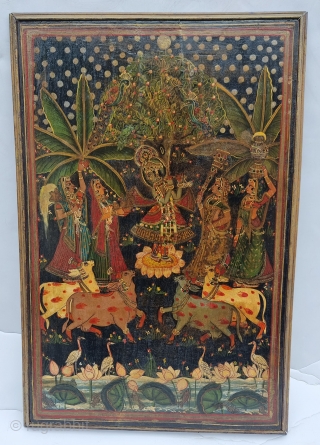 An Rarest Miniature Wooden Pichwai for the Sharad Purnima, Krishna disports with the gopis of Vrindavana in a raaslila, the dance of bliss, on the occasion of the autumnal full moon night Ashwin  ...