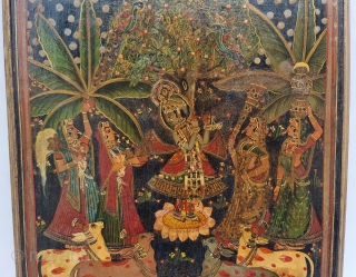 An Rarest Miniature Wooden Pichwai for the Sharad Purnima, Krishna disports with the gopis of Vrindavana in a raaslila, the dance of bliss, on the occasion of the autumnal full moon night Ashwin  ...