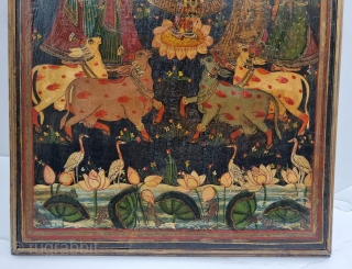 An Rarest Miniature Wooden Pichwai for the Sharad Purnima, Krishna disports with the gopis of Vrindavana in a raaslila, the dance of bliss, on the occasion of the autumnal full moon night Ashwin  ...