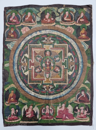 
Tibetan Buddhist  Mandala Thangka Painting From Tibet .
Distemper on cloth; recto with Tibetan inscriptions in gold identifying the various figures.

C.19th Century .

Its size is 43cmX56cm (20230728_165918).      
