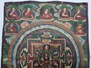 
Tibetan Buddhist  Mandala Thangka Painting From Tibet .
Distemper on cloth; recto with Tibetan inscriptions in gold identifying the various figures.

C.19th Century .

Its size is 43cmX56cm (20230728_165918).      