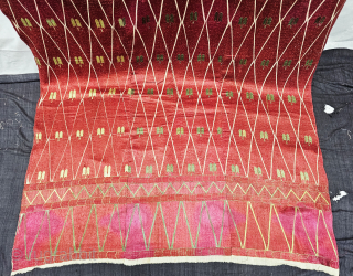 An Rare Thirma Phulkari From West(Pakistan)Punjab. India. India. Untwisted Floss silk on hand spun white cotton ground cloth.

Early 19th Century.

Its size is 133cmX257cm (20250727_171627). Please Email me At  kutcharts1@gmail.com   