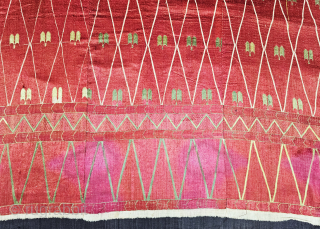 An Rare Thirma Phulkari From West(Pakistan)Punjab. India. India. Untwisted Floss silk on hand spun white cotton ground cloth.

Early 19th Century.

Its size is 133cmX257cm (20250727_171627). Please Email me At  kutcharts1@gmail.com   