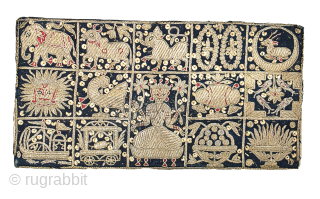 A Very Rare and Unique Jain Kalpasutra Manuscript Book Cover with exquisite real zari embroidery, from Kutch, Gujarat, India.
This exceptional embroidered manuscript cover depicts the sacred story of the birth of Lord ...