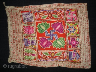 Jain Shrine cloth Ashtamangal, Mochi embroidered Silk on wool, From Gujarat,India.Its Its size is 27x34cm.C.1900. Condition is very good(DSC08909 New).             