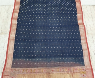 Paithani Shalu Sari Double Pallu (Pallov)with indigo Blue colour middle, Its characterised by borders of an oblique square design, and a two pallu design,It’s an Cotton and zari weave sari, with makers  ...