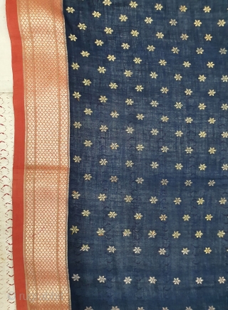 Paithani Shalu Sari Double Pallu (Pallov)with indigo Blue colour middle, Its characterised by borders of an oblique square design, and a two pallu design,It’s an Cotton and zari weave sari, with makers  ...