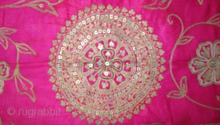 A Floral Design Chakla (Wall Hanging), Its Fine Mochi Aari  Embroidery of Gold and Silver Zari work(Real Gold Silver) on the Silk. From Gujarat, India.
C1875-1900.
Its size is 90cmX90cm(DSC09109).     