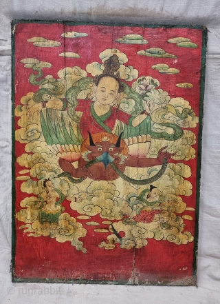 Dramatically Tibetan Buddhist Hand Painted Wood Panel

depicting symbols of Tibetan mythology such as Tigers Dragons and Lamas From Tibet.

C.1875-1900.

Its size is 58cmX80cm(20220802_163448).           