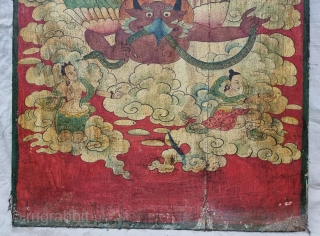 Dramatically Tibetan Buddhist Hand Painted Wood Panel

depicting symbols of Tibetan mythology such as Tigers Dragons and Lamas From Tibet.

C.1875-1900.

Its size is 58cmX80cm(20220802_163448).           