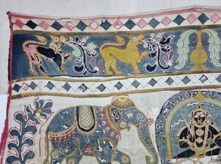 Unique and Rare Temple Hanging Applique work from South India. India. Cotton with cotton  Applique work. Showing the Lord Krishna with both side Elephants Surrounding with Beautiful Lions and Tree's.

C.1850 -1875.

Its  ...