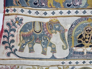 Unique and Rare Temple Hanging Applique work from South India. India. Cotton with cotton  Applique work. Showing the Lord Krishna with both side Elephants Surrounding with Beautiful Lions and Tree's.

C.1850 -1875.

Its  ...