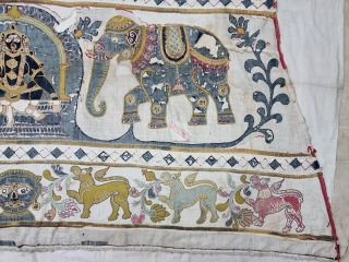 Unique and Rare Temple Hanging Applique work from South India. India. Cotton with cotton  Applique work. Showing the Lord Krishna with both side Elephants Surrounding with Beautiful Lions and Tree's.

C.1850 -1875.

Its  ...