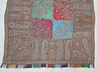 An Unique And Rare Char-Bagh (Four Season) , Embroidered Sqaure Shawl of Needle Work Jamawar, From Kashmir, India.

 C.1850-1875. 

Its Size is 170cmx187cm (20250804_120305).         