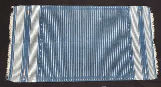 Indigo Blue,Jail Dhurrie(Cotton)Blue-White striped with mahi motif. Bikaner, Rajasthan. India.C.1900.Its size is 110cmX198cm(20190601_171523).



                    