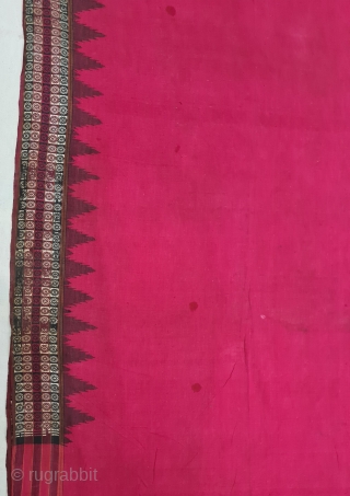 Temple Sari( Devadasi Sari  or Viman Kusumi Sari ) From Orissa,Orissa is an eastern state of India,on the Bay of Bengal. Sari of red cotton bordered by black stripes, the plain  ...