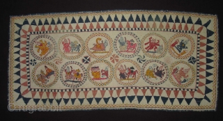 Embroidery Kantha Rumal From Midnapore District of west Bengal India.Showing the twelve different avatars of lord Vishnu.Its size is 27cmX56cm(DSC04880 New).            