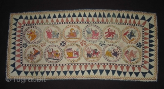 Embroidery Kantha Rumal From Midnapore District of west Bengal India.Showing the twelve different avatars of lord Vishnu.Its size is 27cmX56cm(DSC04880 New).            