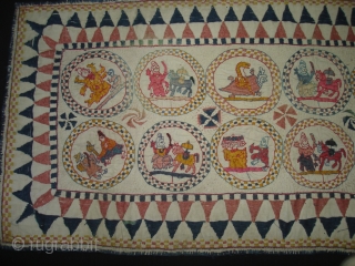 Embroidery Kantha Rumal From Midnapore District of west Bengal India.Showing the twelve different avatars of lord Vishnu.Its size is 27cmX56cm(DSC04880 New).            