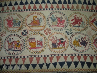 Embroidery Kantha Rumal From Midnapore District of west Bengal India.Showing the twelve different avatars of lord Vishnu.Its size is 27cmX56cm(DSC04880 New).            