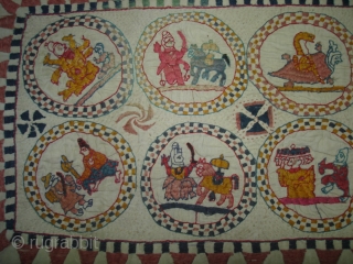 Embroidery Kantha Rumal From Midnapore District of west Bengal India.Showing the twelve different avatars of lord Vishnu.Its size is 27cmX56cm(DSC04880 New).            