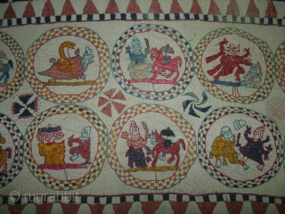 Embroidery Kantha Rumal From Midnapore District of west Bengal India.Showing the twelve different avatars of lord Vishnu.Its size is 27cmX56cm(DSC04880 New).            