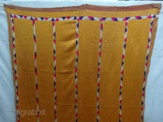 Phulkari from West (Pakistan) Punjab. India. Known as Vari-Da-Bagh, With Rare influence of Panch Rangi Lahariya borders. C.1900.Floss silk on hand spun cotton ground cloth. Its size is 130cmX230cm (DSC06865).   