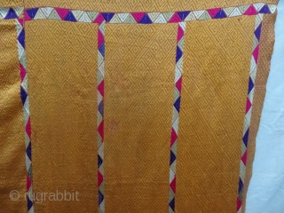 Phulkari from West (Pakistan) Punjab. India. Known as Vari-Da-Bagh, With Rare influence of Panch Rangi Lahariya borders. C.1900.Floss silk on hand spun cotton ground cloth. Its size is 130cmX230cm (DSC06865).   