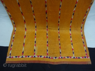 Phulkari from West (Pakistan) Punjab. India. Known as Vari-Da-Bagh, With Rare influence of Panch Rangi Lahariya borders. C.1900.Floss silk on hand spun cotton ground cloth. Its size is 130cmX230cm (DSC06865).   