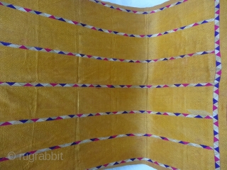 Phulkari from West (Pakistan) Punjab. India. Known as Vari-Da-Bagh, With Rare influence of Panch Rangi Lahariya borders. C.1900.Floss silk on hand spun cotton ground cloth. Its size is 130cmX230cm (DSC06865).   