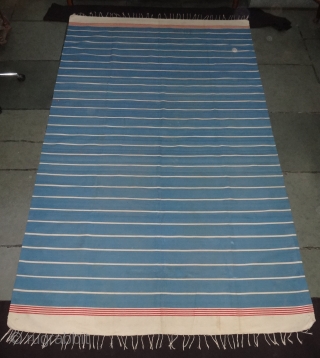 Indigo Blue,Jail Dhurrie(Cotton) Blue-White  Colour striped Dhurrie.From Bhuj Jail, Kutch-Gujarat. India.C.1900.Its size is 170X280cm (Large Size). Condition is very good(DSC06989).
            