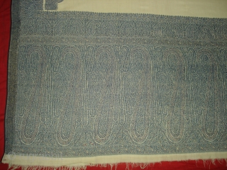 Jamawar Long Shawl From Kashmir India.This Shawl is known as Fardi Shawl.Its size is 133cm X 340cm.Condition Some small Repairs in side Border.(DSC09852b)          