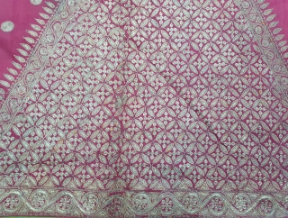 Very Rare Ceremonial Chamba Odhani With Rare Ghunghat Design, From Himachal Pradesh, India. C.1900.Silk ground with Real Zari Embroidery.Its size is 152cmX233cm (20200823_160551).          