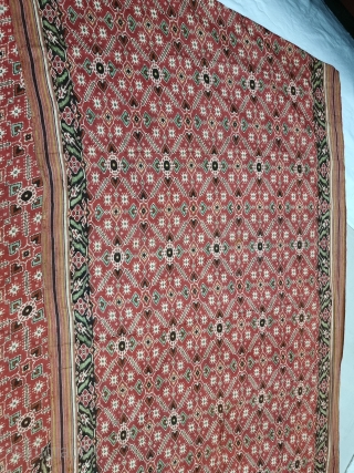 Patola Sari Silk Double ikat.Probably Patan Gujarat. India.

This Patola sari has the type of geometric,non figurative pattern particularly favored by the ismaili Muslim merchant community of the Vohras.And its called Vohra-Gaji-Bhat.(Vohra Type  ...