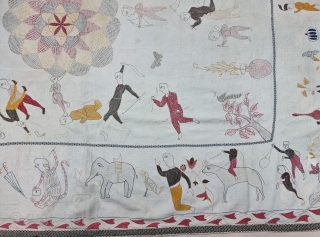 An Rare Folk Embroidery Kantha, Showing the Different Kind of Folk Stories of Bengal and British India Period.
Very Fine  embroidered cotton Kantha Probably from Jessore Region of East (Bangladesh)  Undivided  ...