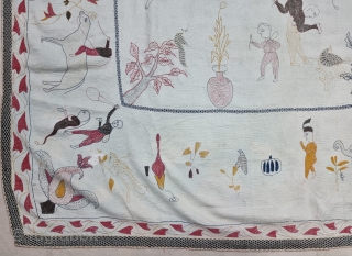 An Rare Folk Embroidery Kantha, Showing the Different Kind of Folk Stories of Bengal and British India Period.
Very Fine  embroidered cotton Kantha Probably from Jessore Region of East (Bangladesh)  Undivided  ...