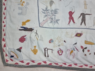 An Rare Folk Embroidery Kantha, Showing the Different Kind of Folk Stories of Bengal and British India Period.
Very Fine  embroidered cotton Kantha Probably from Jessore Region of East (Bangladesh)  Undivided  ...