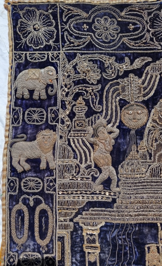 A Rare Jain Temple Hanging, From Gujarat in Northwest India. India

Its size is 77cmX132cm.

Weight is 2 Kgs 090 Gm

C.1900.- 1945.

This form of embroidery is called zardosi work. A Indigo Blue  velvet cloth has been  ...